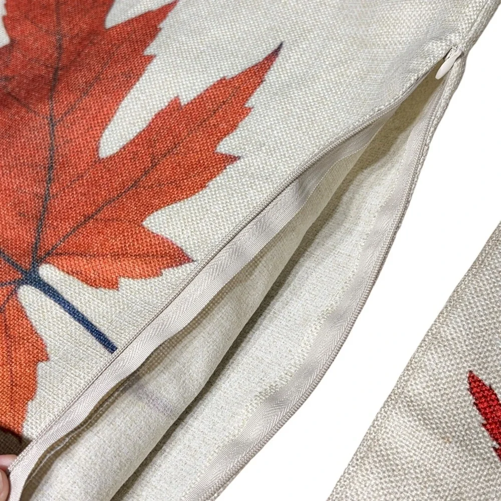 Set of 2 Autumn Maple Leaf Throw Pillow Covers 18x18 Fall Decor Linen Textured